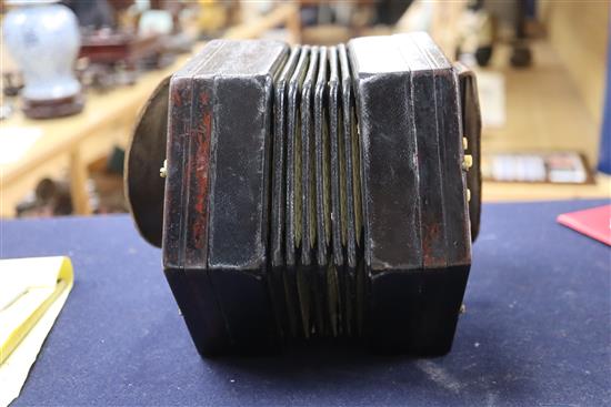 A Lachenal & Co mahogany concertina squeeze box, c. 1900-10, 30 bone keys, blade leatherette bellows